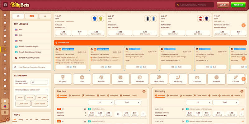 Screenshot of the Billybets sport page