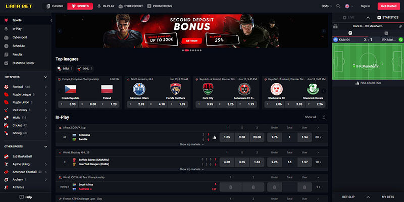 Screenshot of the Lamabet sport page