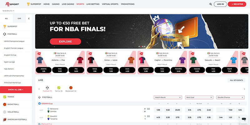 Screenshot of the Realspin sport page