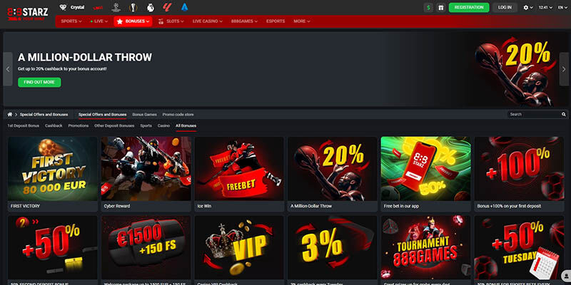 Screenshot of bookmaker's bonus page – 888Starz