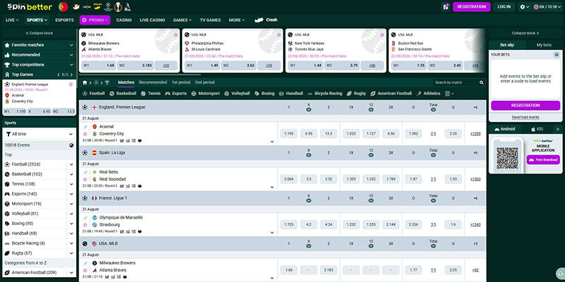Screenshot of bookmaker's sports page – SpinBetter
