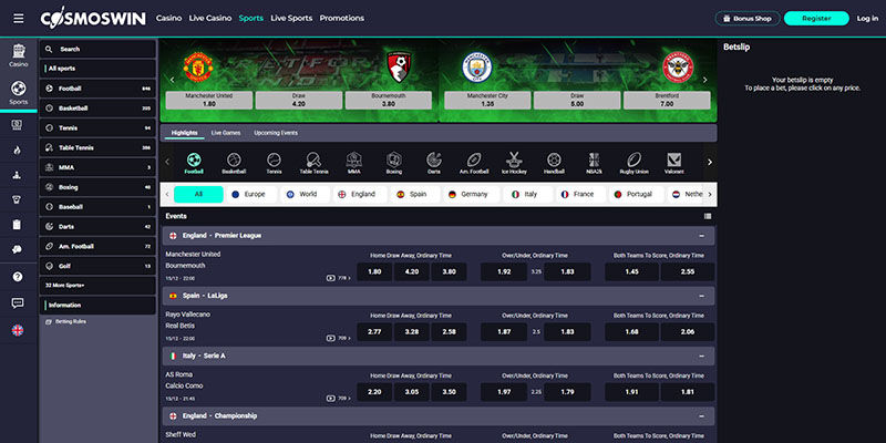 Screenshot of the bookmaker's sports page