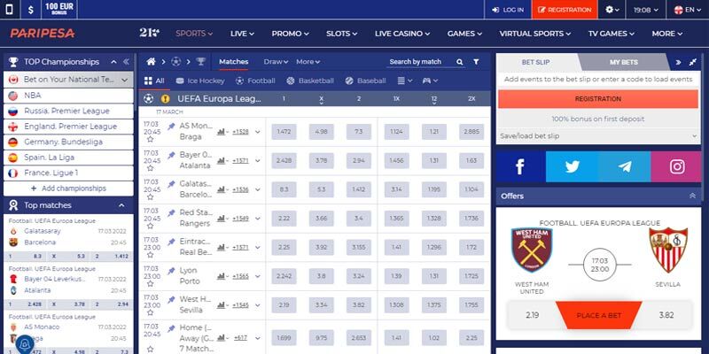 Screenshot of the Paripesa sport page