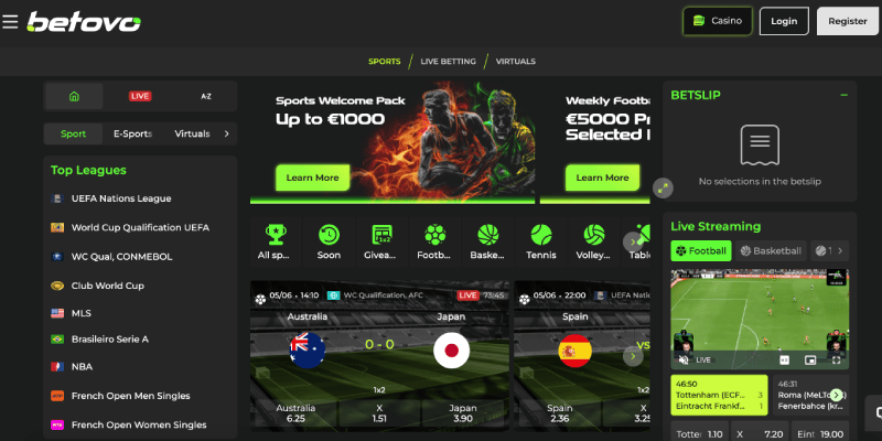 Screenshot of the Betovo sport page