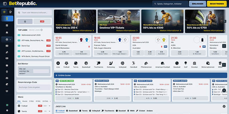 Screenshot of the BetRepublic sp[ort page