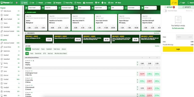 Screenshot of the sports page Premier Bet