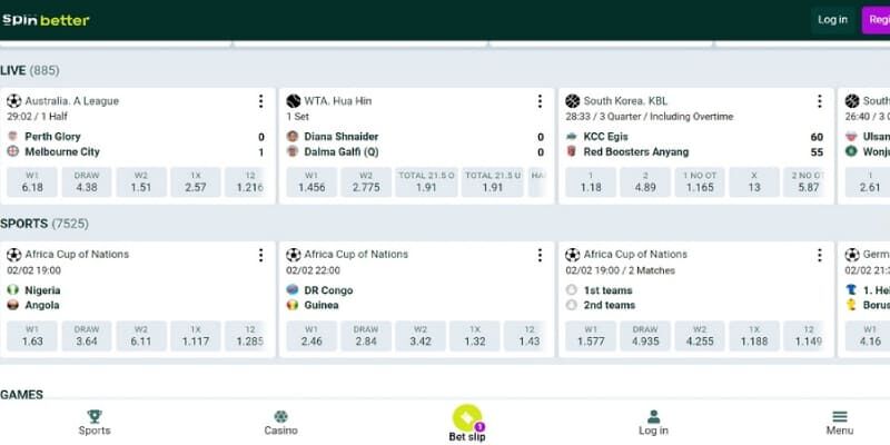 Screenshot of the sports page SpinBetter