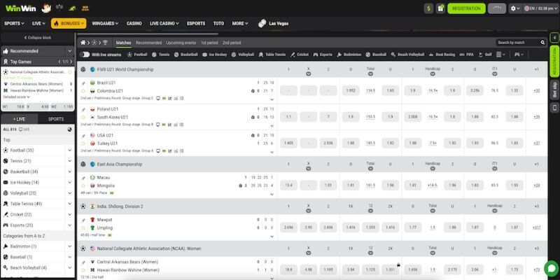 Screenshot of the sports page WinWin