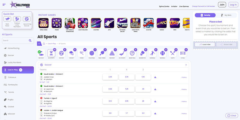 Screenshot of the Hollywoodbets sport page