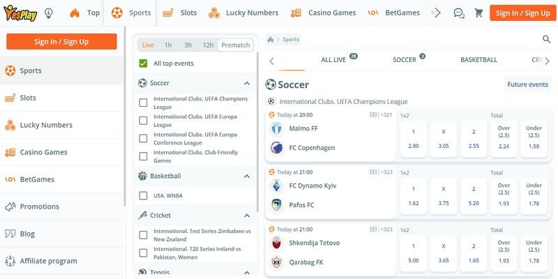 Screenshot of the YesPlay sport page