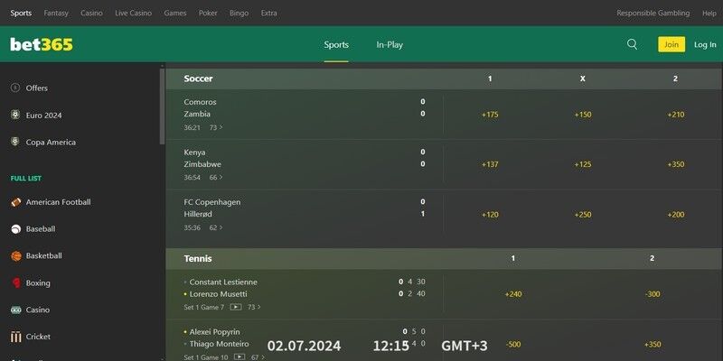 Screenshot of the bet365 live page