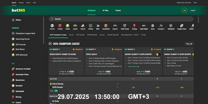 Screenshot of the bet365 live page