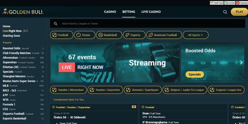 Screenshot of the bookmaker's sports page - Golden Bull