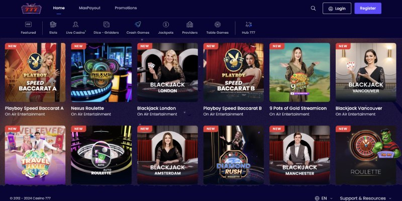 Casino777 desktop live casino page screenshot
