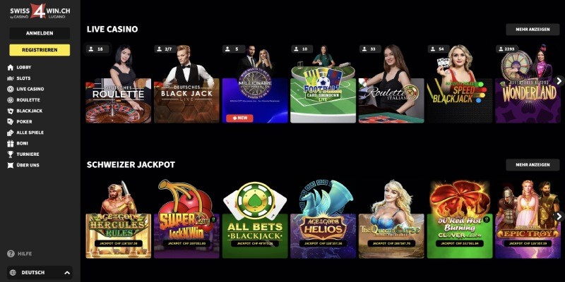 Swiss4win desktop casino page screenshot