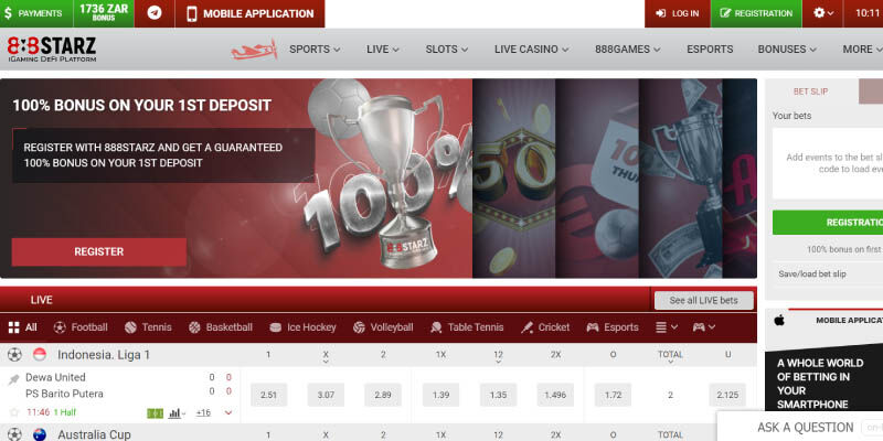 Screenshot of the bookmaker's sports page 888Starz