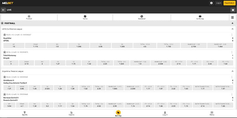 Screenshot of the bookmaker's sports page Melbet