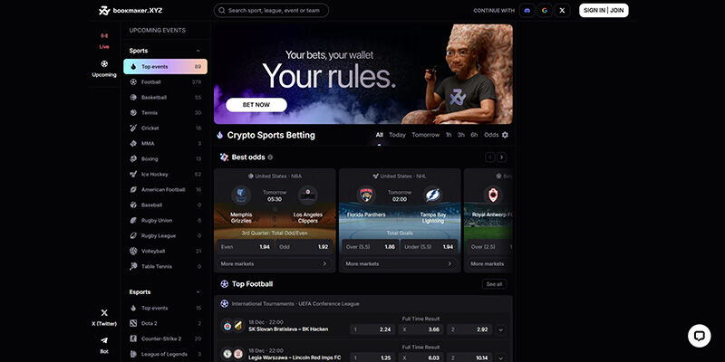 Screenshot of the Bookmaker.xyz sport page