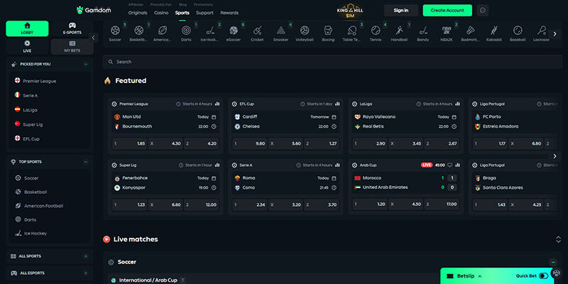 Screenshot of the Gamdom sport page