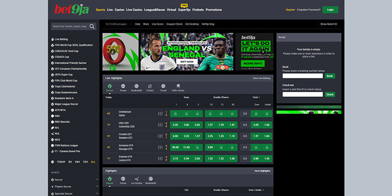 Screenshot of the Bet9ja sport page