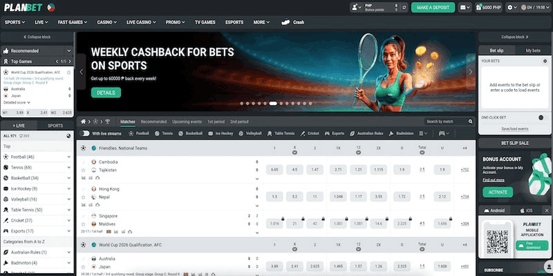 Screenshot of the Planbet sport page
