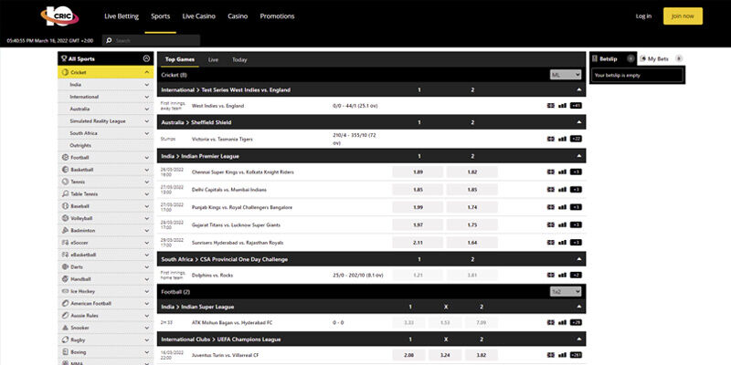 Screenshot of the 10Cric sport page