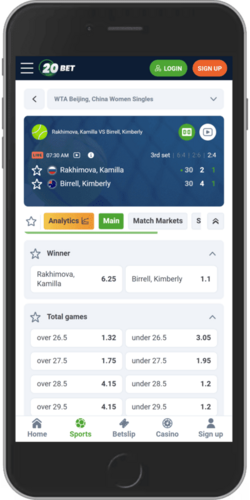 Mobile screenshot of the 20Bet sport page