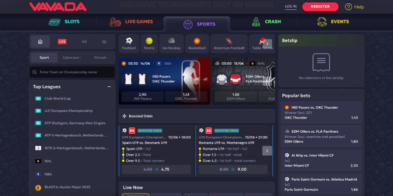 Screenshot of the Vavada sport page