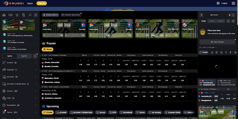 Screenshot of the Krundi sport page