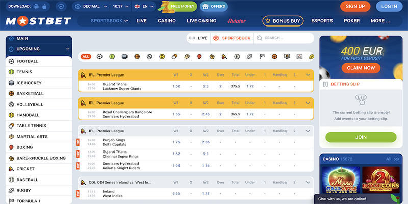 Screenshot of the Mostbet sport page