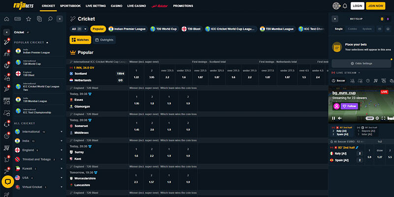 Screenshot of the Rajabets sport page