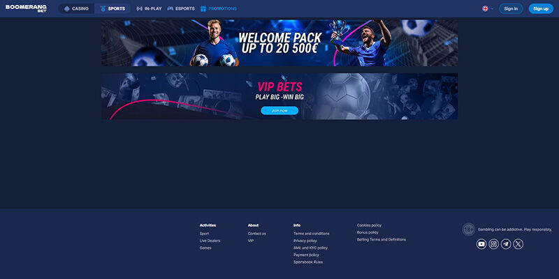 Screenshot of the Boomerang Bet promo page