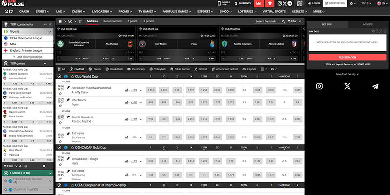 Screenshot of the PariPulse sport page