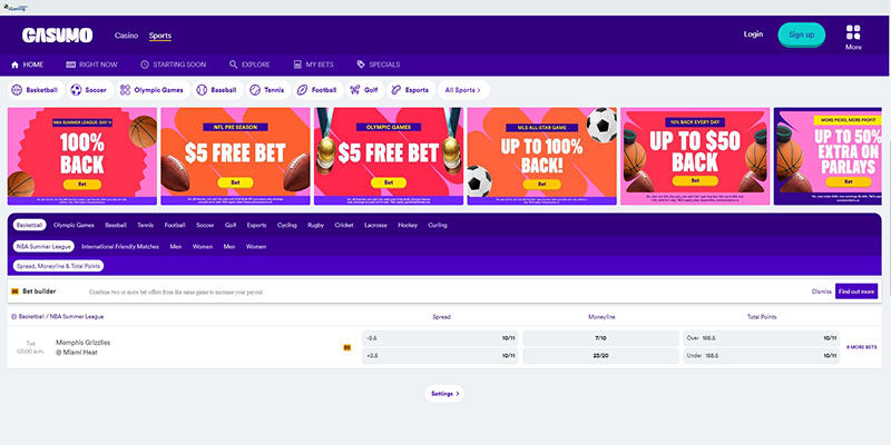 Screenshot of the Casumo sport page