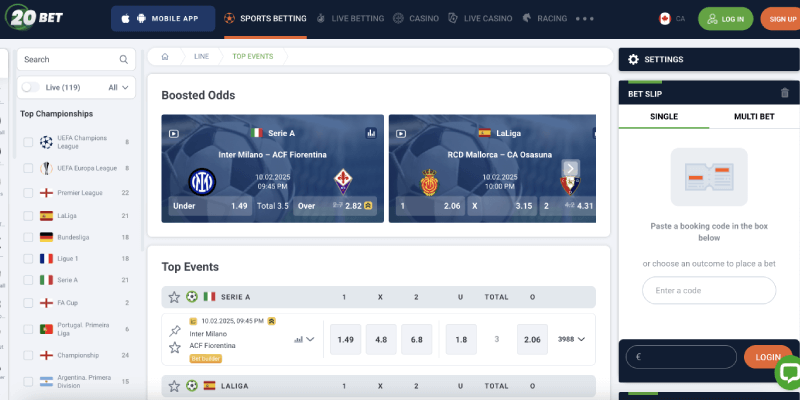 Screenshot of the 20Bet live page