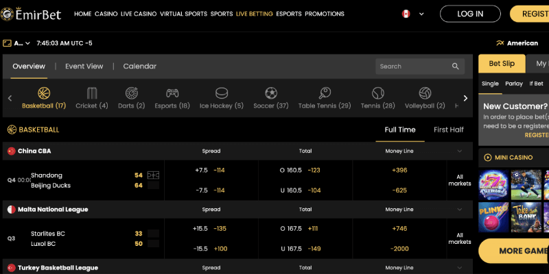 Screenshot of the EmirBet live page