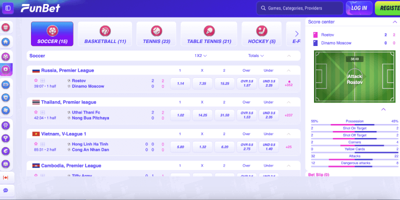 Screenshot of the FunBet live page