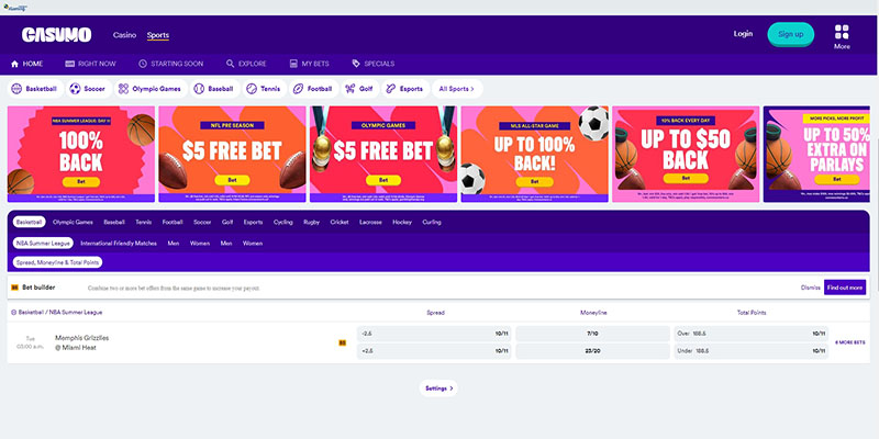 Screenshot of the Casumo sport page