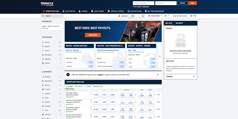 Screenshot of the Pinnacle sport page