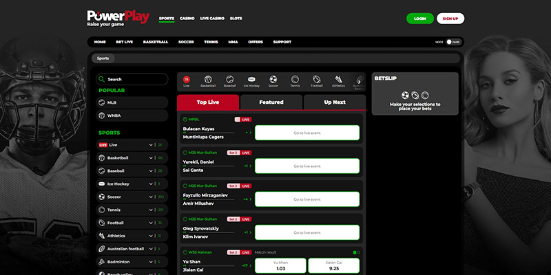 Screenshot of the power play sport page