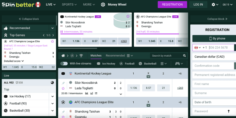 Screenshot of the SpinBetter live page