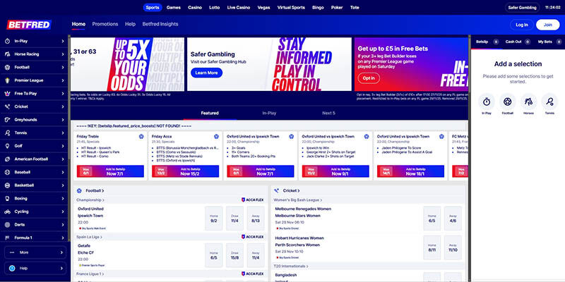 Screenshot of the Betfred sport page