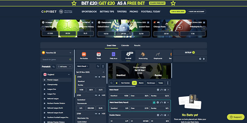 Screenshot of the CopyBet sport page
