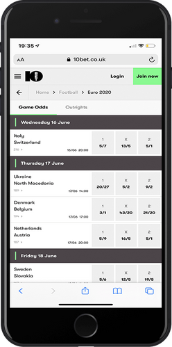 10bet odds mobile page
