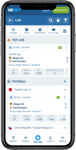 The mobile screenshot of live sports page at 1xBet