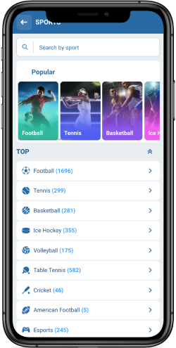 The mobile screenshot of sports page at 1xBet