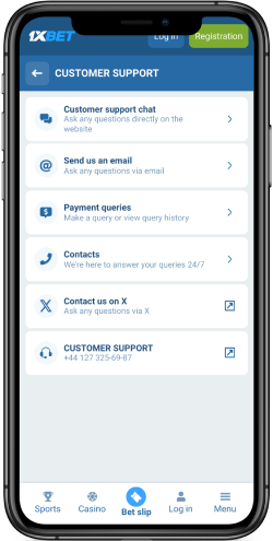 Mobile screenshot of 1xBet support options