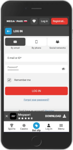 Screen of Megapari mobile login