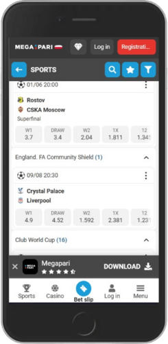 Mobile screenshot of the Megapari live page