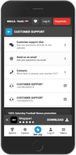 Screen of Megapari support options